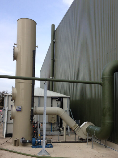 Plastic exhaust ventilation with odour control using a chemical scrubber and biofilter to treat malodorous contaminated air